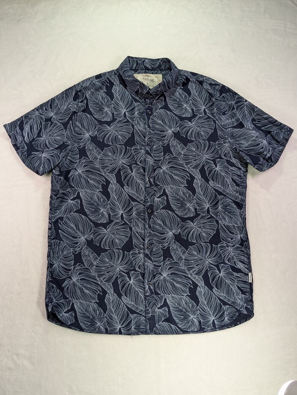 Jean Pascale Mens L Navy Blue Monstera Leaf Linen Blend SS Shirt